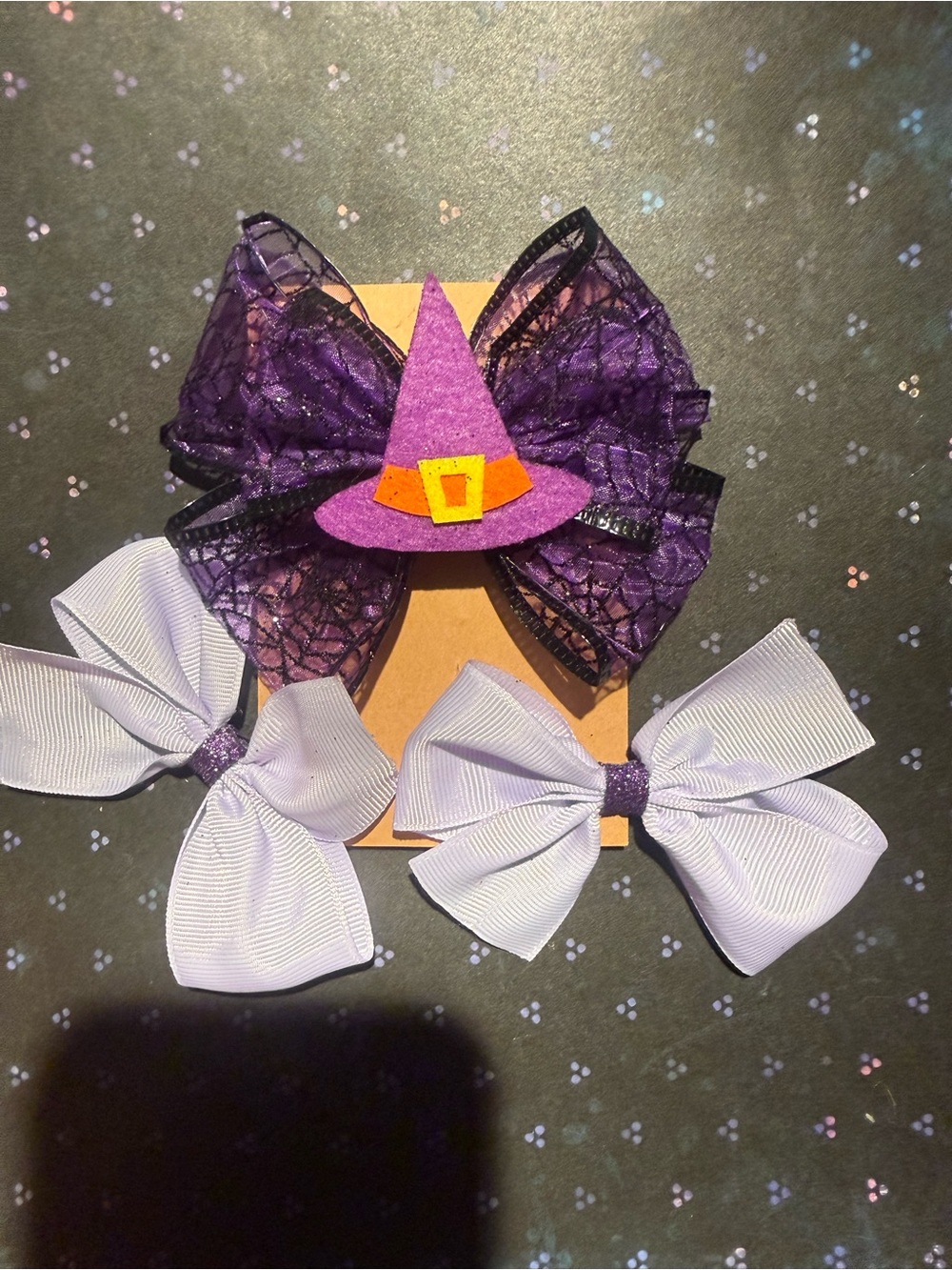 Purple Witch Hat Bow & Lavender Hair Bows Kids Costume Accessory Set